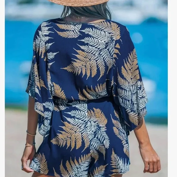 Cupshe Navy and Gold Leaf Print Swim Cover-Up - Picture 2 of 2